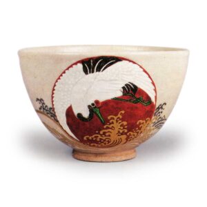 Hozen: tea bowl with sunrise and crane design, enamelled ware