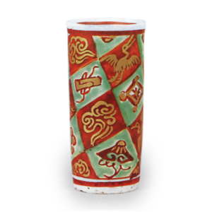 Hozen: chakin-zutsu (napkin holder for use in tea ceremony) with design of emblems of good fortune, enamelled and gilded ware