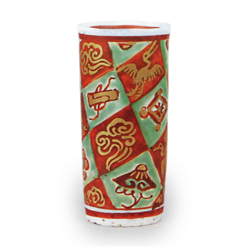 Hozen: chakin-zutsu (napkin holder for use in tea ceremony) with design of emblems of good fortune, enamelled and gilded ware