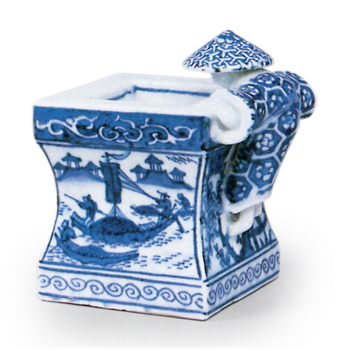 Hozen: futa-oki (kettle-lid rest for use in tea ceremony) in ikkan-jin form (shape of a well crib with a man looking into it) in the style of shonzui ware