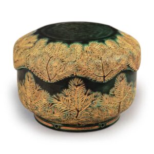 Hozen: covered food box with pine sprout design, gold over green glaze