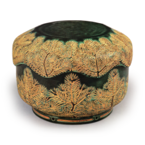 Hozen: covered food box with pine sprout design, gold over green glaze