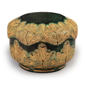 Hozen: covered food box with pine sprout design, gold over green glaze