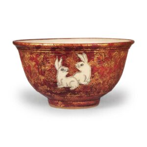 Hozen: bowl with rabbit and aquatic bird design, enamelled ware with gold-leaf decoration