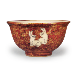 Hozen: bowl with rabbit and aquatic bird design, enamelled ware with gold-leaf decoration