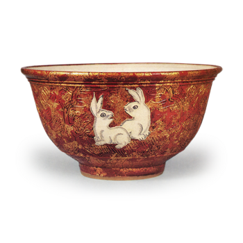 Hozen: bowl with rabbit and aquatic bird design, enamelled ware with gold-leaf decoration