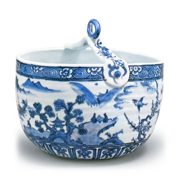 Hozen: well-bucket shaped water jar in the style of shonzui ware with design of landscape, flowers and birds