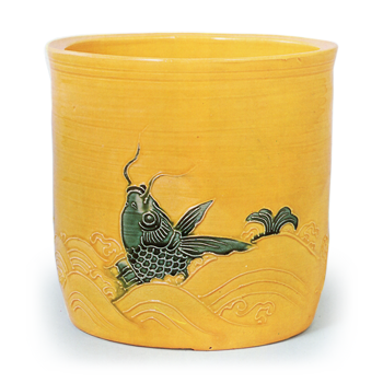 Hozen: water jar in the style of köchi ware with wave and fish design,