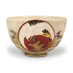 Hozen: tea bowl with sunrise and crane design, enamelled ware