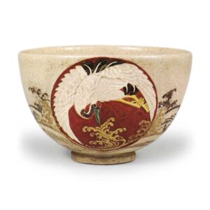 Hozen: tea bowl with sunrise and crane design, enamelled ware