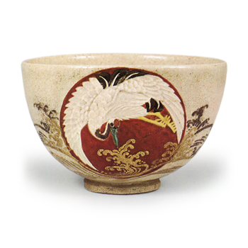 Hozen: tea bowl with sunrise and crane design, enamelled ware