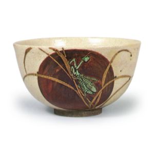 Hozen: tea bowl with praying mantis design, enamelled ware