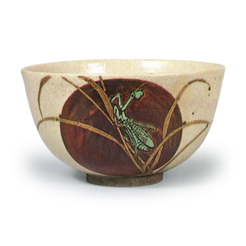 Hozen: tea bowl with praying mantis design, enamelled ware