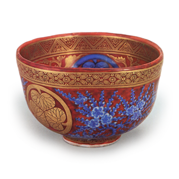 Hozen: tea bowl with hollyhock crest, enamelled and gilded ware