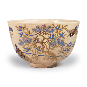 Hozen: tea bowl with takara-zukushi (various emblems of good fortune) design, enamelled ware