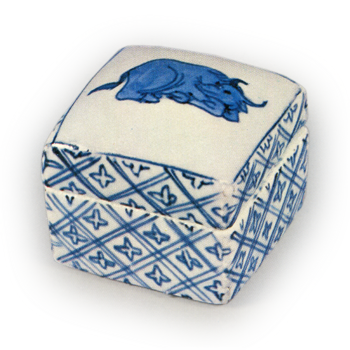Bovine with a blue and white stripe pattern
