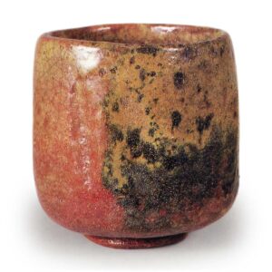 Red Cylindrical Tea Bowl, Inscribed “Fukujusou,” by Soju