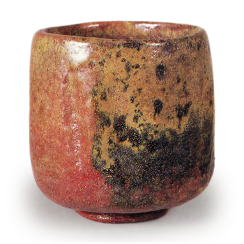 Red Cylindrical Tea Bowl, Inscribed “Fukujusou,” by Soju