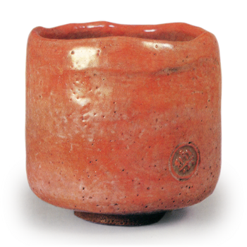 Red-glazed tea bowl, inscribed “Jurojin,” long-necked