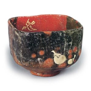 Keinyü: squared tea bowl with design of hawk and egg-plant fruits, Red Raku 