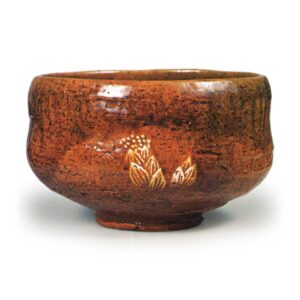 Ohi VI: tea bowl with petasite bud design, amber galze