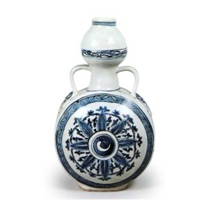 青花唐花纹瓢形耳扁壶