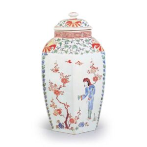 色绘梅树人物纹六角壶