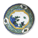 古九谷色绘壶形山水飞鸟纹大盘