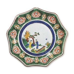 古九谷色绘楼台人物纹九角大盘