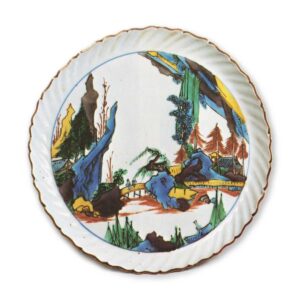 彩绘山水桥上人物纹轮花盘