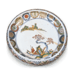 古九谷色绘山水舟人物丸纹碗