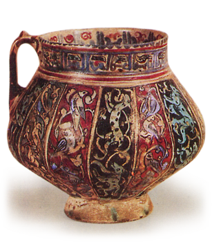 ミナイ白地多彩草花動物文把手壺