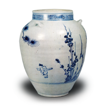 染付松梅大物文三耳壺