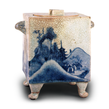 染付山水文四方水指