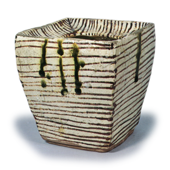 織部 縞文 四方 水指