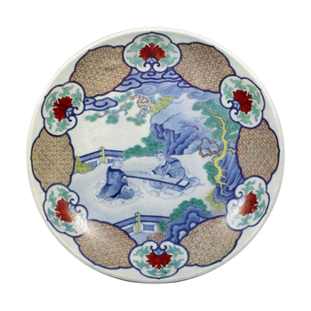 色鍋島 色絵 弾琴文 三脚 尺皿