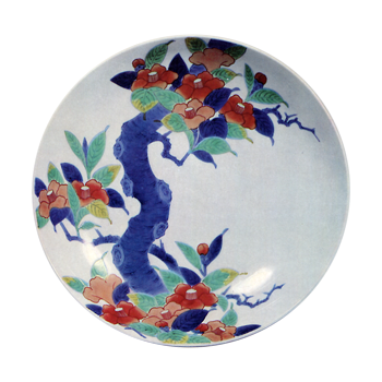 色鍋島 色絵 椿文 七寸皿