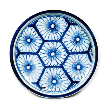 染付 亀甲 菊花文 皿