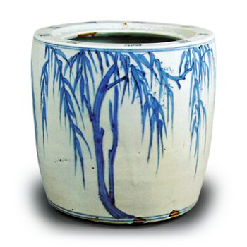 染付 柳文 水指