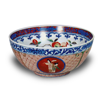 色絵 牡丹 人物丸文 鉢