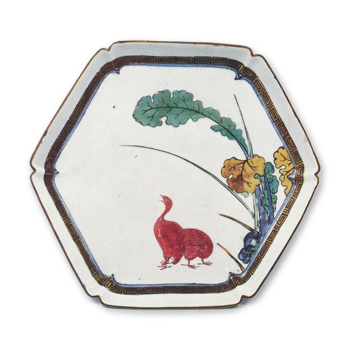 色絵 鶴文 六角 皿