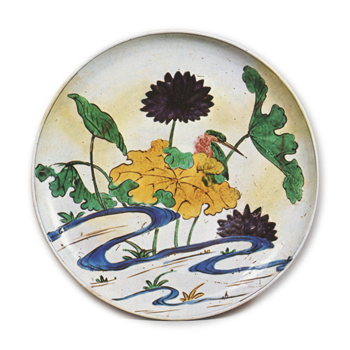 色絵 蓮池 翡翠文 大皿