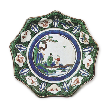 色絵 水辺 人物文 九角 大皿