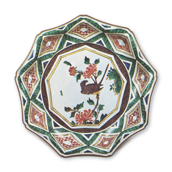 色絵 牡丹 鳥文 九角 大皿