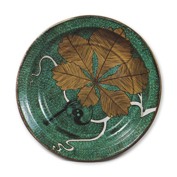 色絵 柏葉 鳥文 大皿