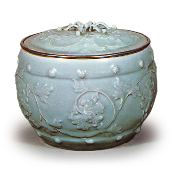 砧青磁浮牡丹太鼓胴水指 きぬたせいじうきぼたんたいこどうみずさし