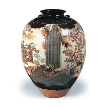 色絵楼閣人物登龍門図茶壺