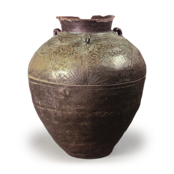 渥美 葦鷺文三耳壺