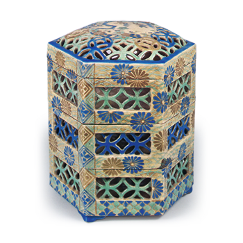 色絵菊七宝透文重箱