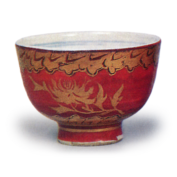 赤絵金襴手牡丹文煎茶碗